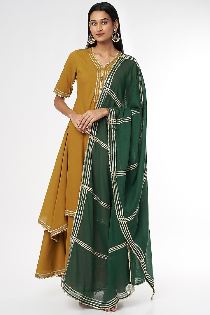 Dark Mustard Embroidered Dress With Dupatta by Omaana Jaipure
