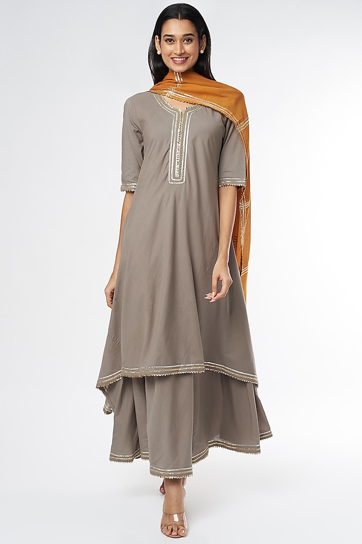 Fossil Grey Embroidered Dress With Dupatta by Omaana Jaipure