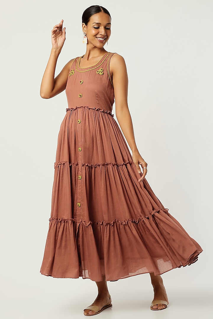Rust Mulmul Tiered Midi Dress by Omaana Jaipure