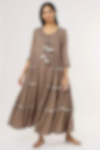 Brown Mulmul Midi Dress by Omaana Jaipure