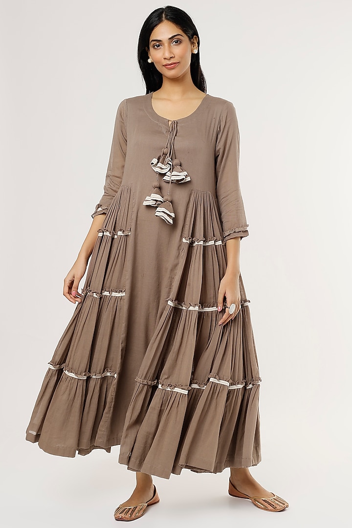 Brown Mulmul Midi Dress by Omaana Jaipure at Pernia's Pop Up Shop