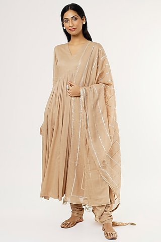 Coffee Mulmul Anarkali Kurta Set by Omaana Jaipure