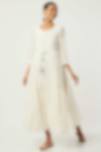 White Mulmul Tiered Midi Dress by Omaana Jaipure