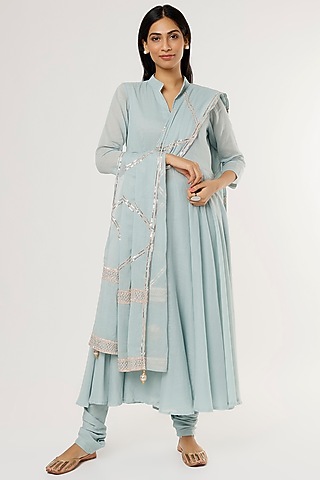 Mint Green Mulmul Anarkali Kurta Set by Omaana Jaipure