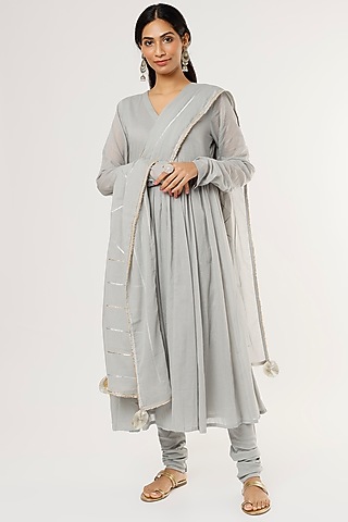 Sky Grey Mulmul Anarkali Kurta Set by Omaana Jaipure