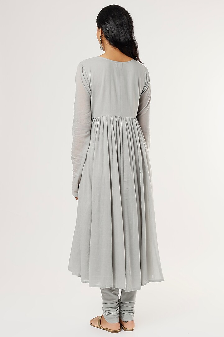 Sky Grey Mulmul Anarkali Kurta Set by Omaana Jaipure at Pernia's Pop Up Shop