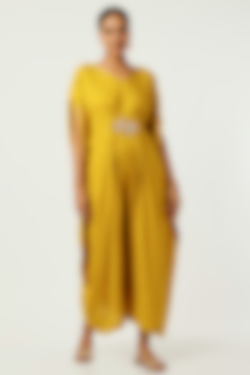Yellow Floral Pleated Jumpsuit by Omaana Jaipure