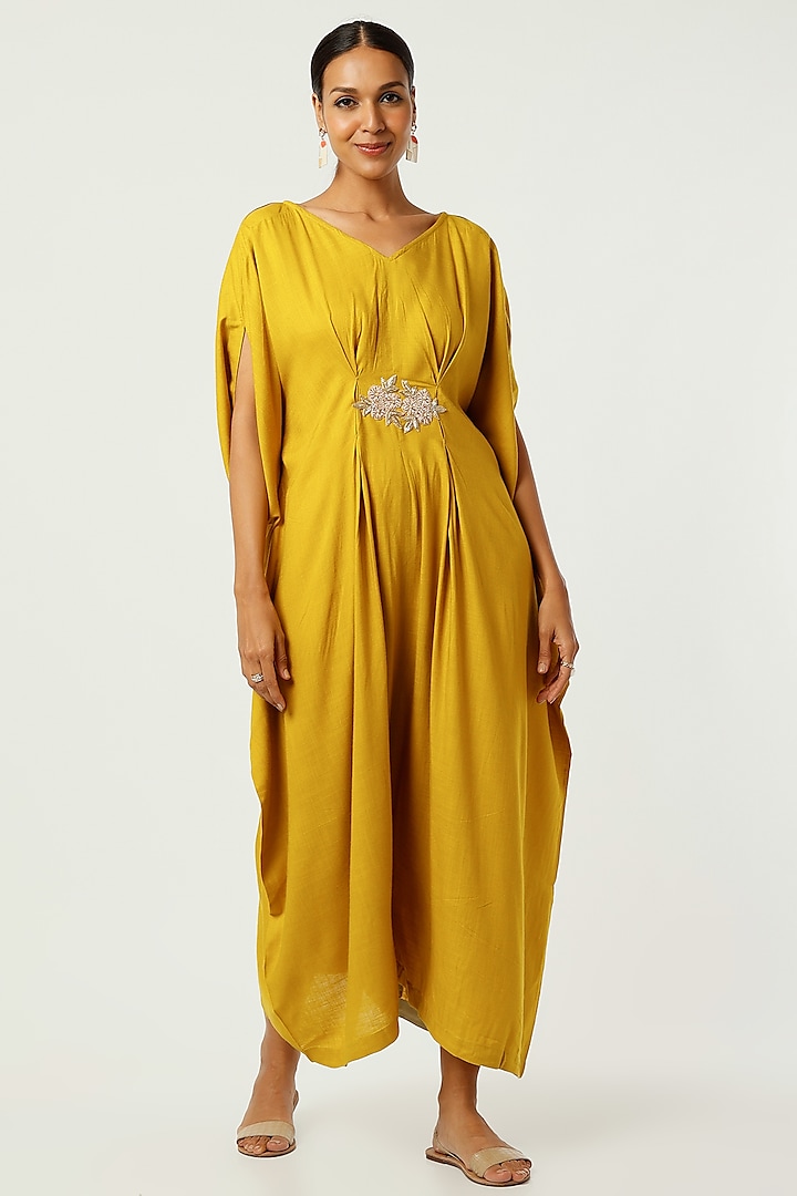 Yellow Floral Pleated Jumpsuit by Omaana Jaipure