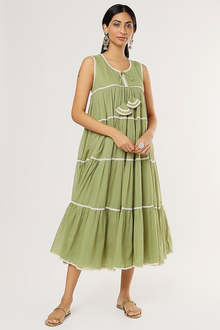 Moss Green Mulmul Midi Dress by Omaana Jaipure at Pernia's Pop Up Shop