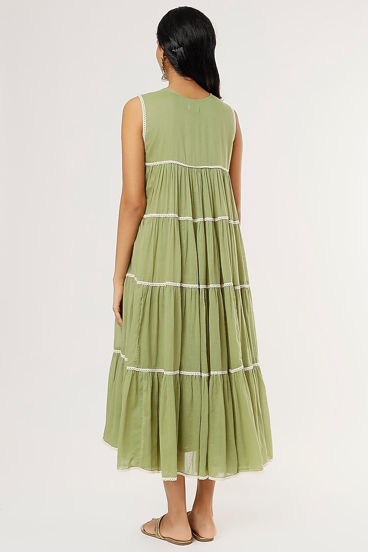Moss Green Mulmul Midi Summer Dress by Omaana Jaipure at Pernia's Pop Up Shop