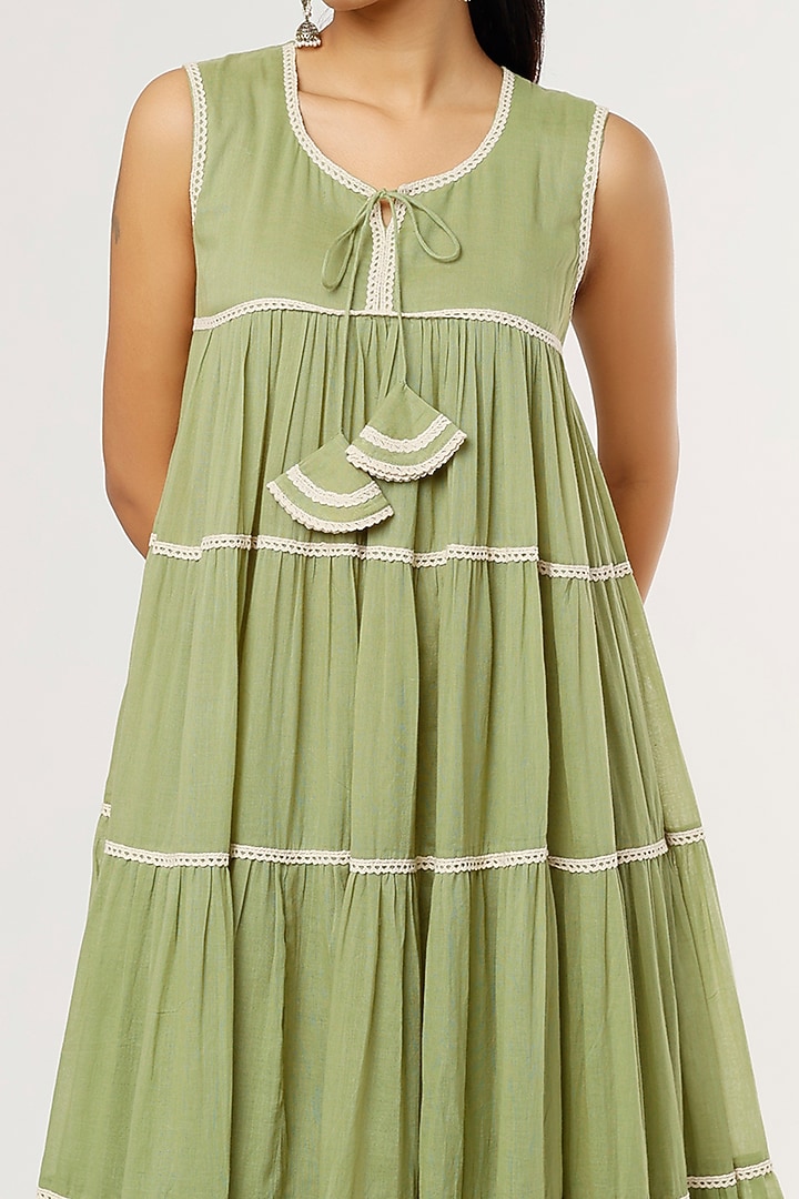 Moss Green Mulmul Midi Summer Dress by Omaana Jaipure at Pernia's Pop Up Shop