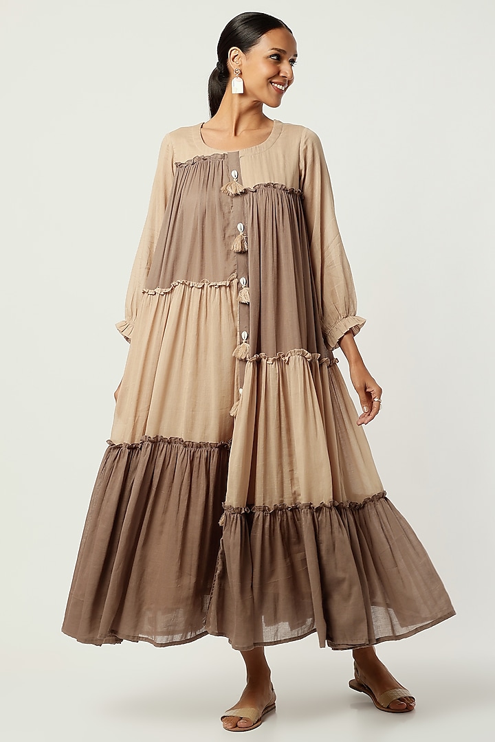 Brown Tasseled Tiered Midi Dress by Omaana Jaipure at Pernia's Pop Up Shop