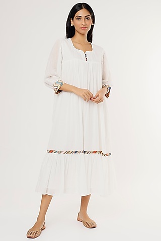 White Mulmul Midi Dress by Omaana Jaipure