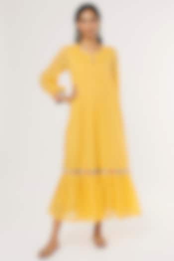 Yellow Mulmul Midi Dress by Omaana Jaipure