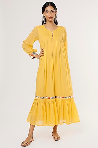 Yellow Mulmul Midi Dress by Omaana Jaipure