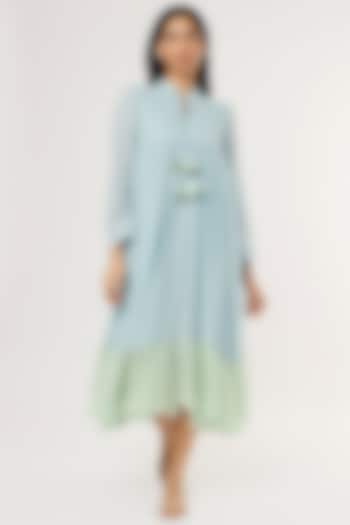 Sky Blue & Mint Green Mulmul Midi Dress by Omaana Jaipure