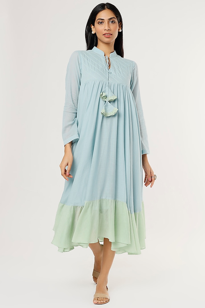 Sky Blue & Mint Green Mulmul Midi Dress by Omaana Jaipure