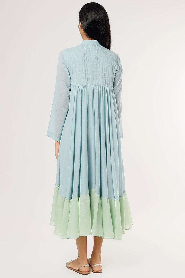 Sky Blue & Mint Green Mulmul Midi Summer Dress by Omaana Jaipure at Pernia's Pop Up Shop