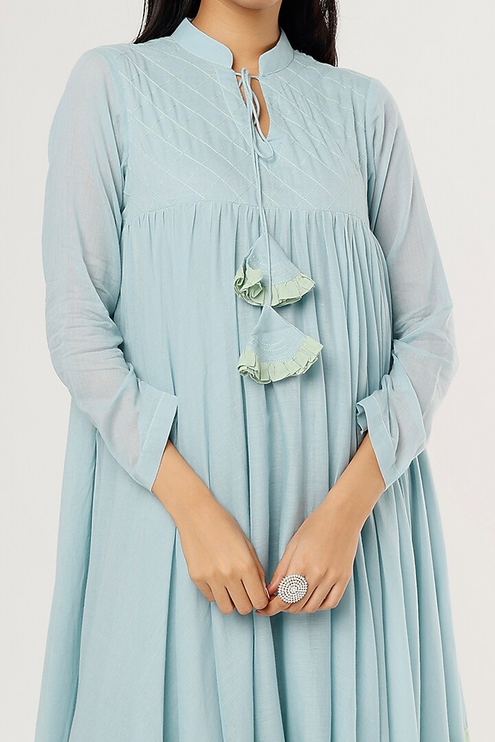Sky Blue & Mint Green Mulmul Midi Summer Dress by Omaana Jaipure at Pernia's Pop Up Shop
