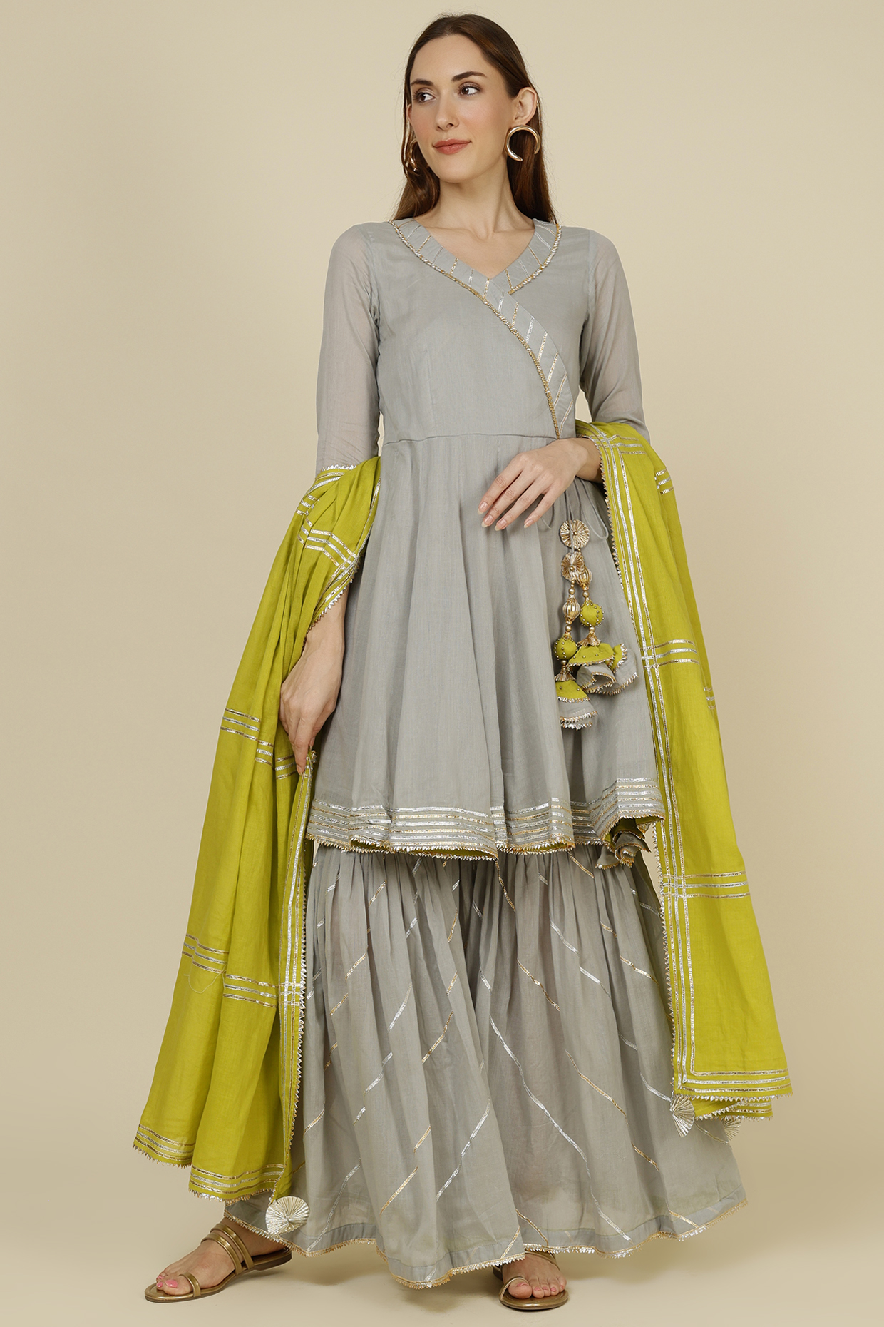 Grey Mulmul Sharara Set by Omaana Jaipure at Pernia's Pop Up Shop