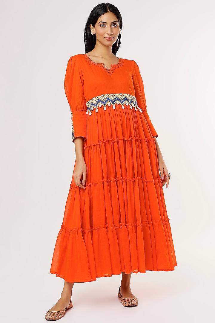 Orange Mulmul Tiered Midi Dress by Omaana Jaipure
