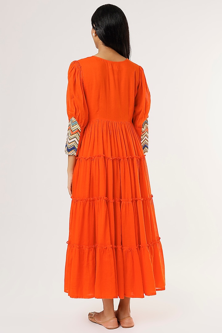 Orange Mulmul Tiered Midi Summer Dress by Omaana Jaipure at Pernia's Pop Up Shop
