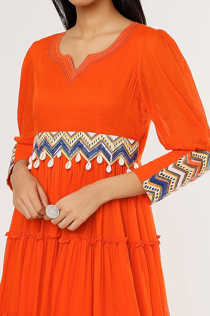 Orange Mulmul Tiered Midi Summer Dress by Omaana Jaipure at Pernia's Pop Up Shop