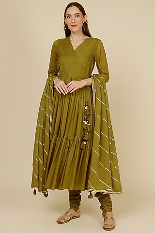 Mehendi Green Mulmul Kurta Set by Omaana Jaipure