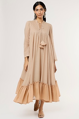 Nude Peach Mulmul Midi Dress by Omaana Jaipure