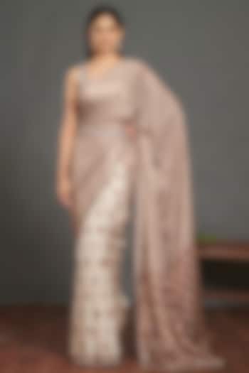 Off White & Light Brown Embroidered Saree Set by Onaya