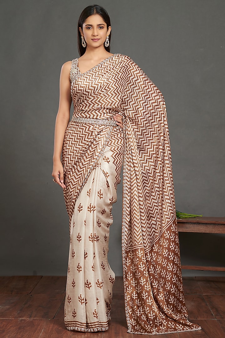 Off White & Light Brown Embroidered Saree Set by Onaya