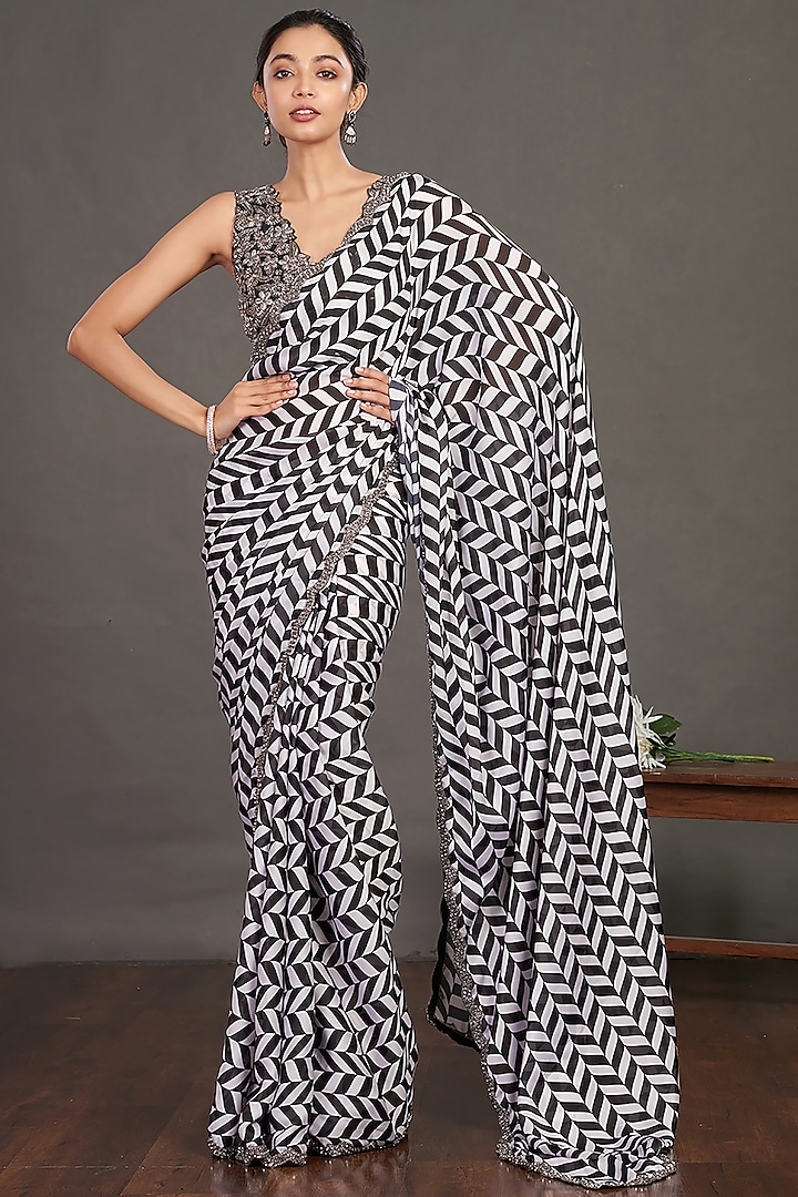 White & Black Embroidered Festive Saree Set by Onaya at Pernia's Pop Up Shop