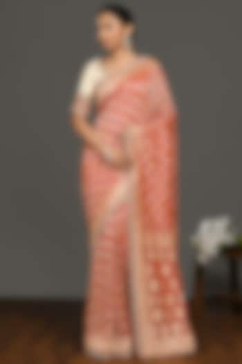 Cream & Red Embroidered Saree Set by Onaya at Pernia's Pop Up Shop