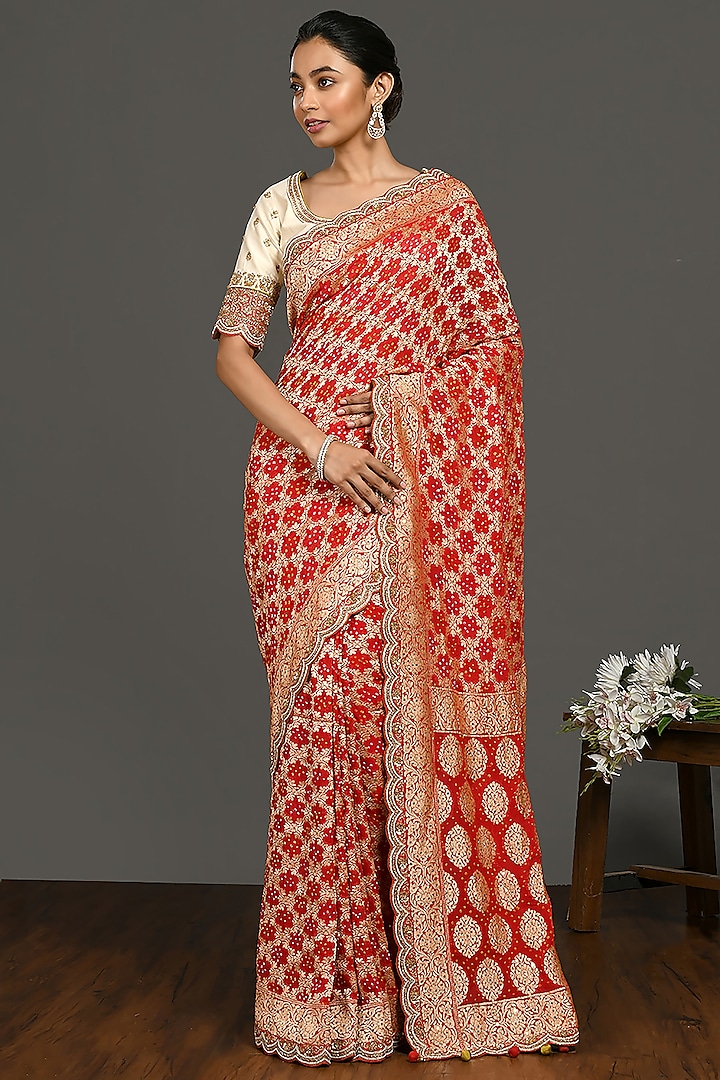 Cream & Red Embroidered Saree Set by Onaya at Pernia's Pop Up Shop