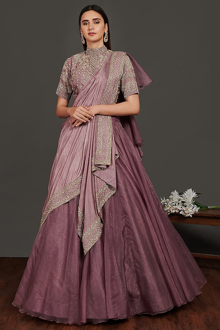 Mauve Metallic Embroidered Lehenga Set by Onaya