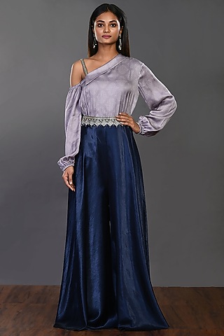 Grey & Navy Blue Jumpsuit With Embellished Belt by Onaya