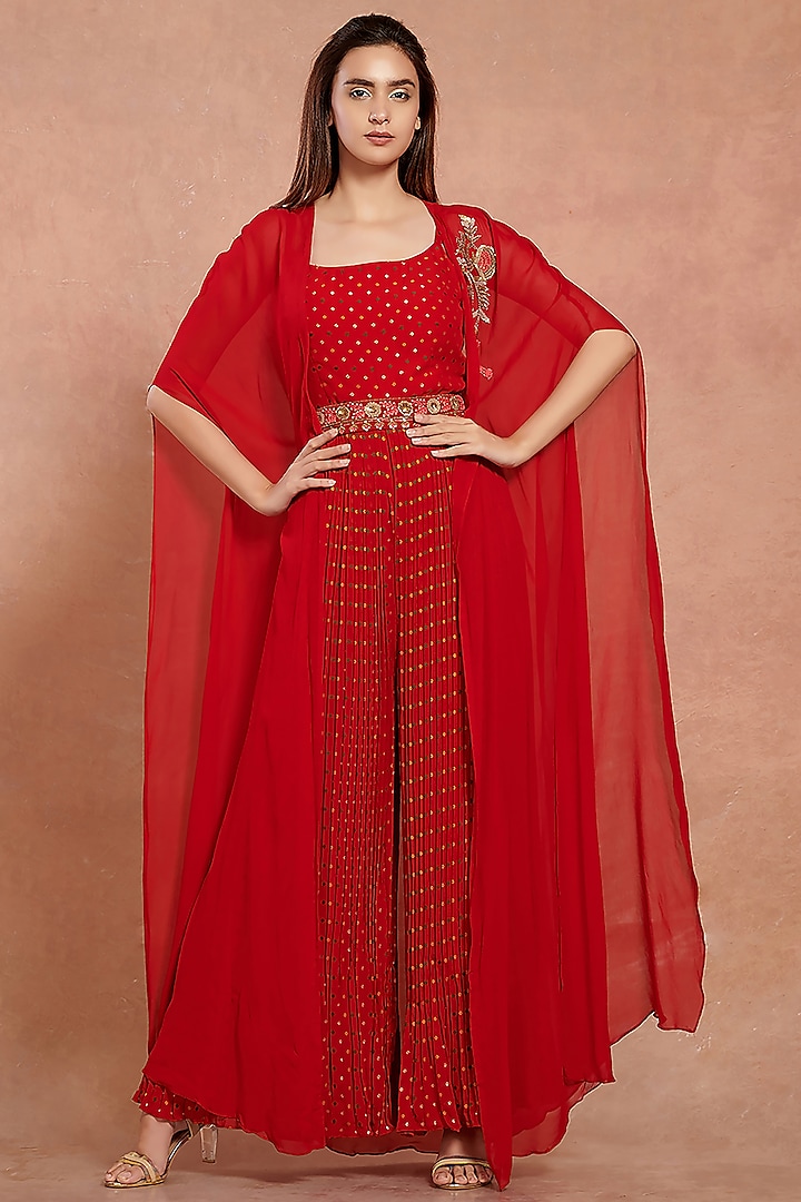 Red Jumpsuit With Embellished Cape by Onaya