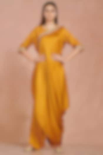 Mustard Printed Jumpsuit With Attached Drape by Onaya