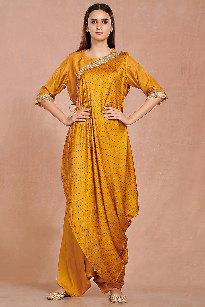 Mustard Printed Jumpsuit With Attached Drape by Onaya