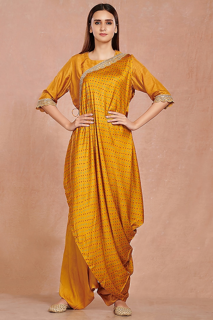 Mustard Printed Jumpsuit With Attached Drape by Onaya at Pernia's Pop Up Shop