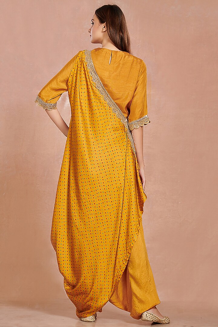 Mustard Printed Jumpsuit With Attached Drape by Onaya at Pernia's Pop Up Shop