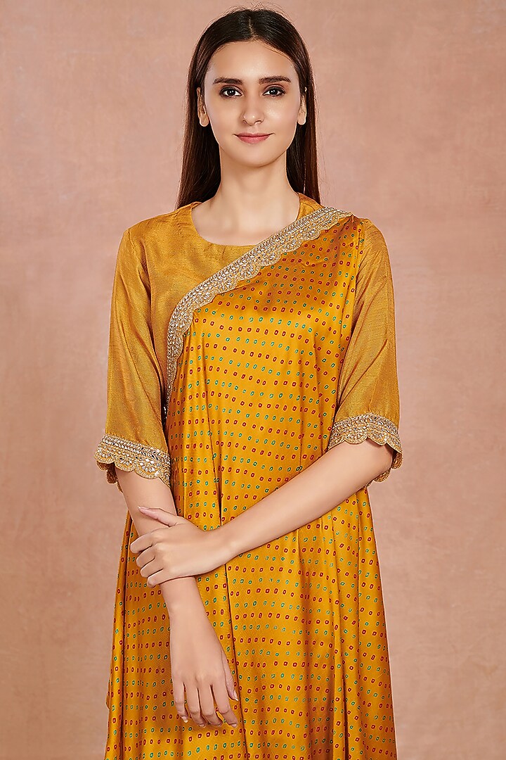 Mustard Printed Jumpsuit With Attached Drape by Onaya at Pernia's Pop Up Shop