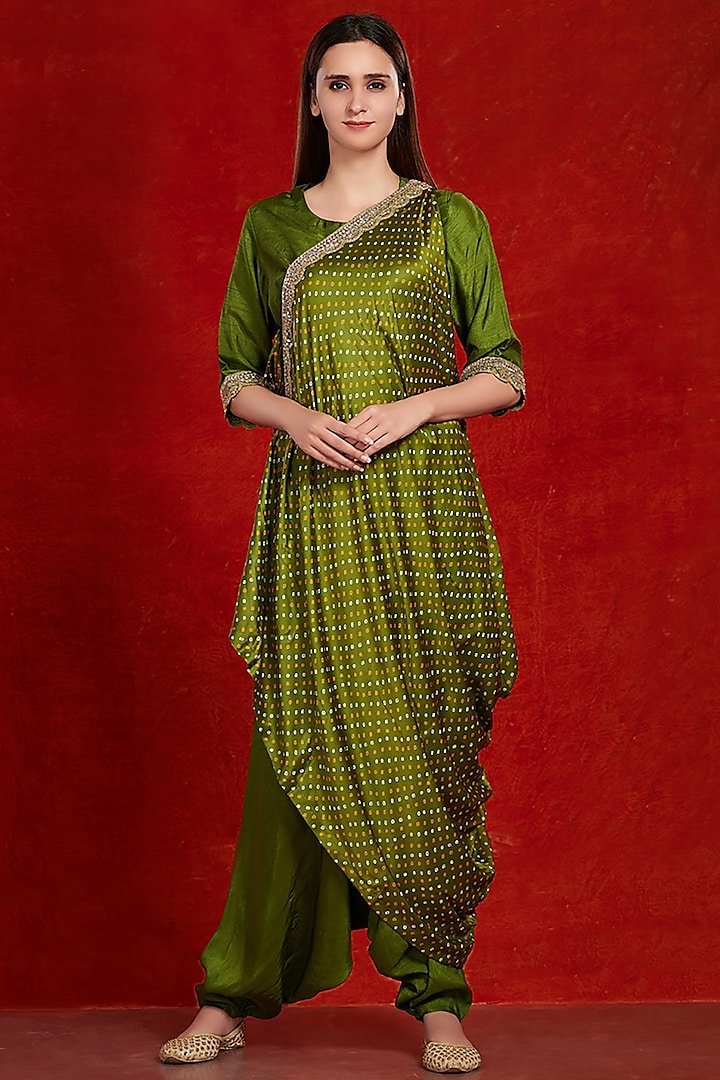 Green Printed Jumpsuit With Attached Drape by Onaya