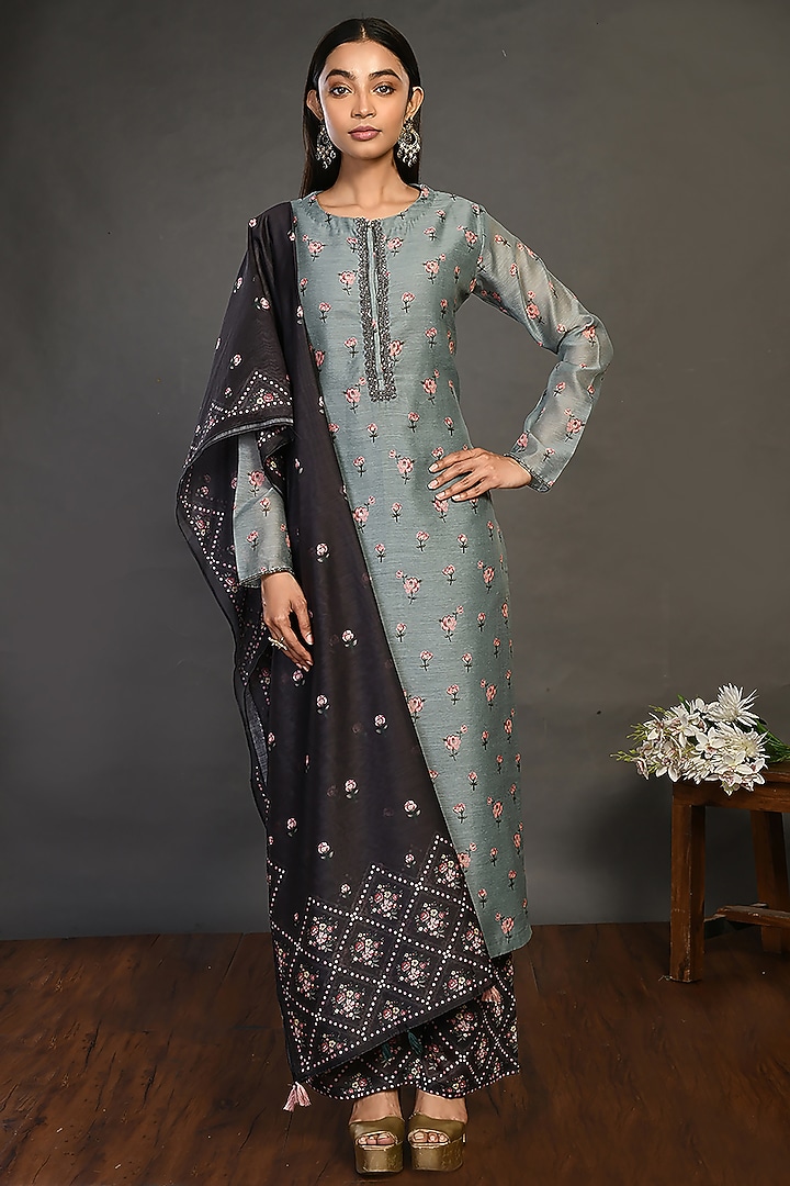 Deep Sky Grey Chanderi Kurta Set by Onaya at Pernia's Pop Up Shop