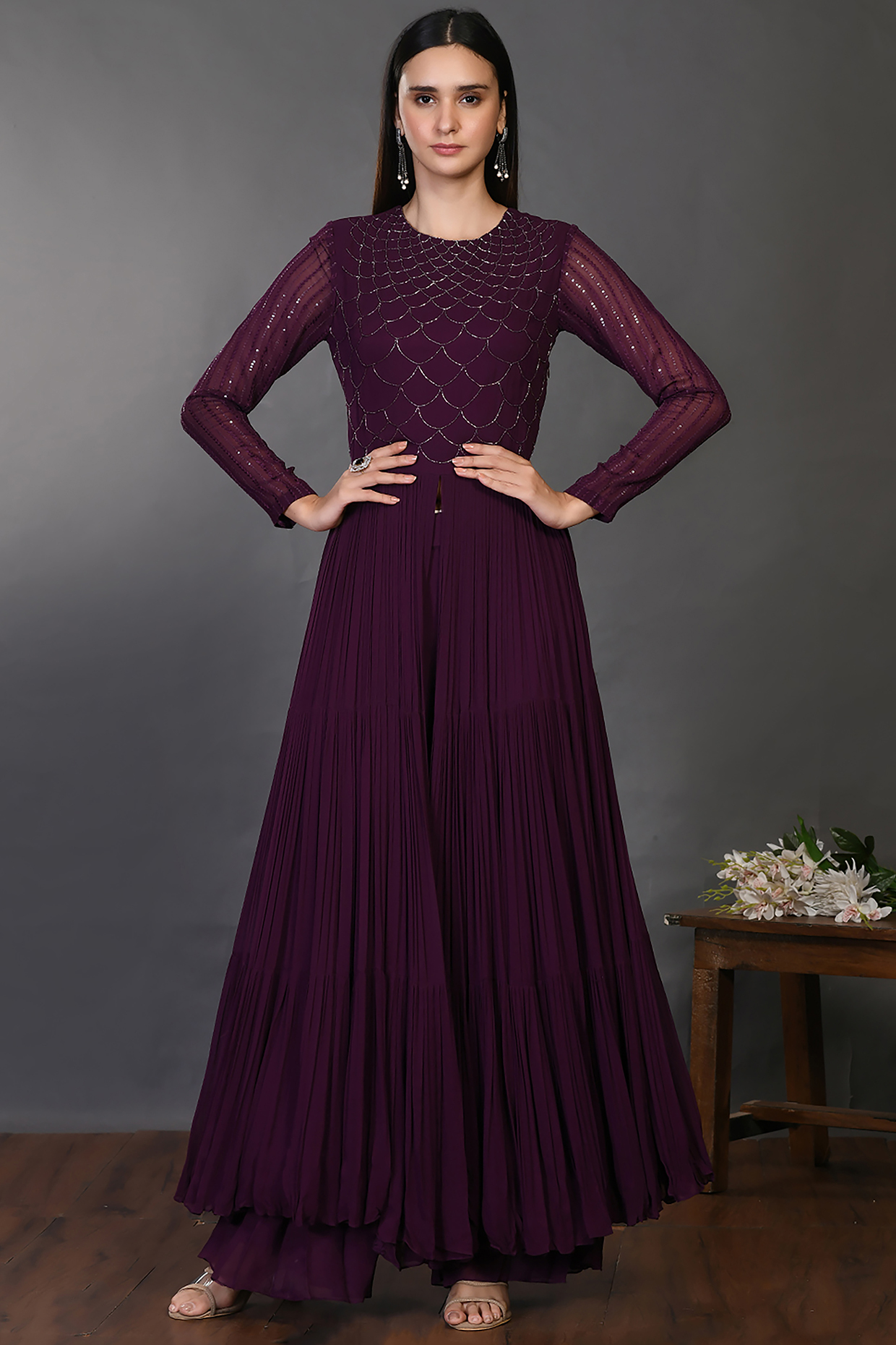 Wine Georgette Anarkali Set by Onaya