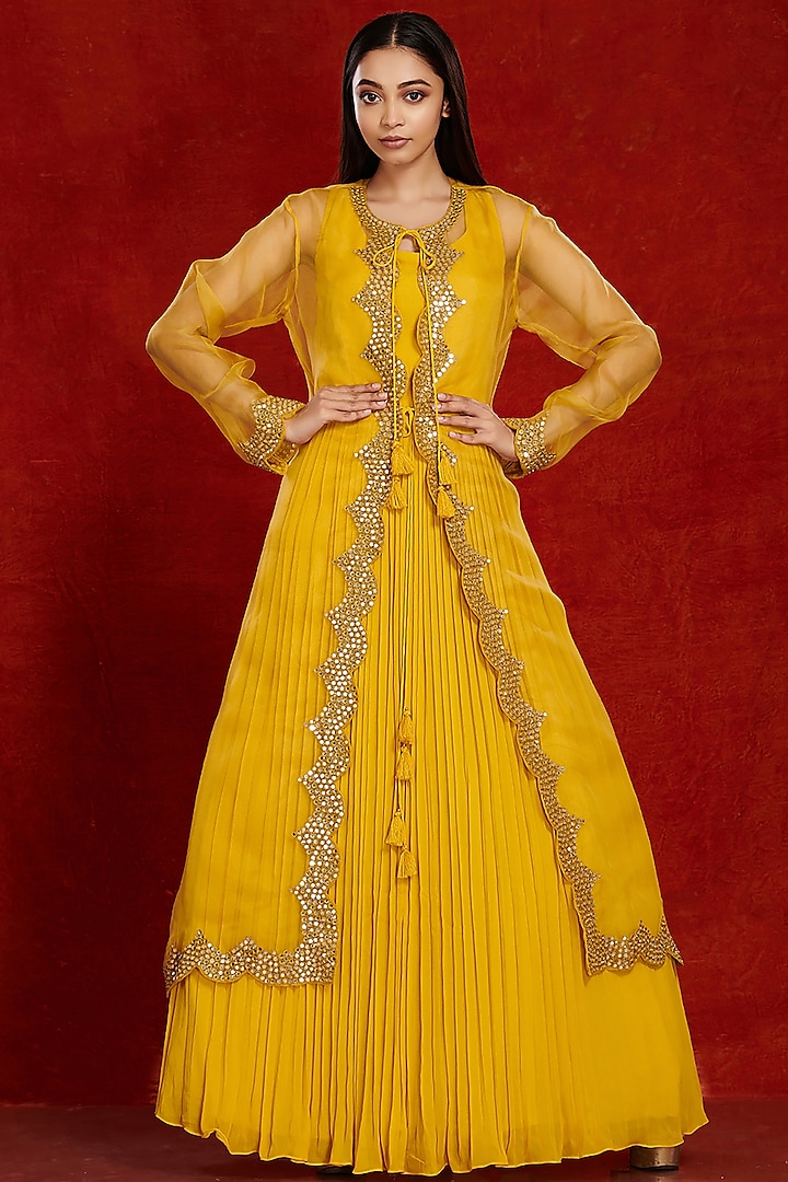 Canary Yellow Layered Gown With Jacket by Onaya