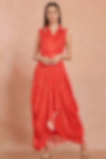 Red Bandhani Printed Dress With Belt by Onaya