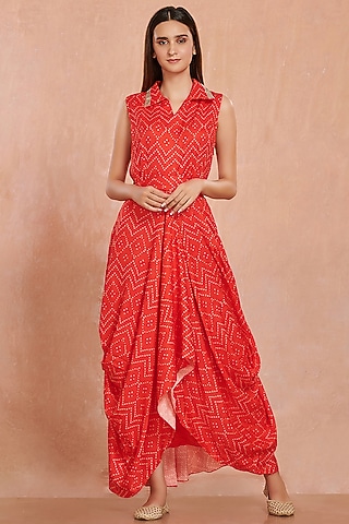 Red Bandhani Printed Dress With Belt by Onaya
