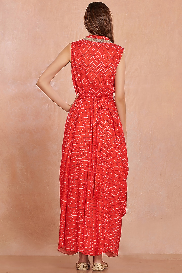 Red Bandhani Printed Summer Dress With Belt by Onaya at Pernia's Pop Up Shop