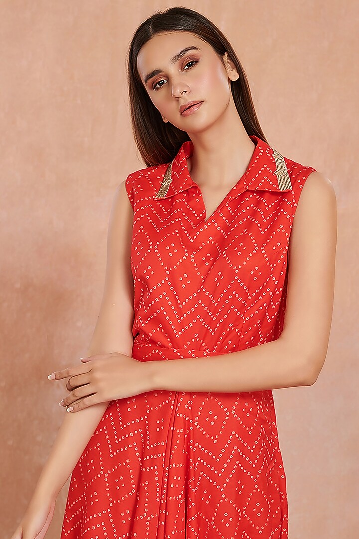 Red Bandhani Printed Summer Dress With Belt by Onaya at Pernia's Pop Up Shop